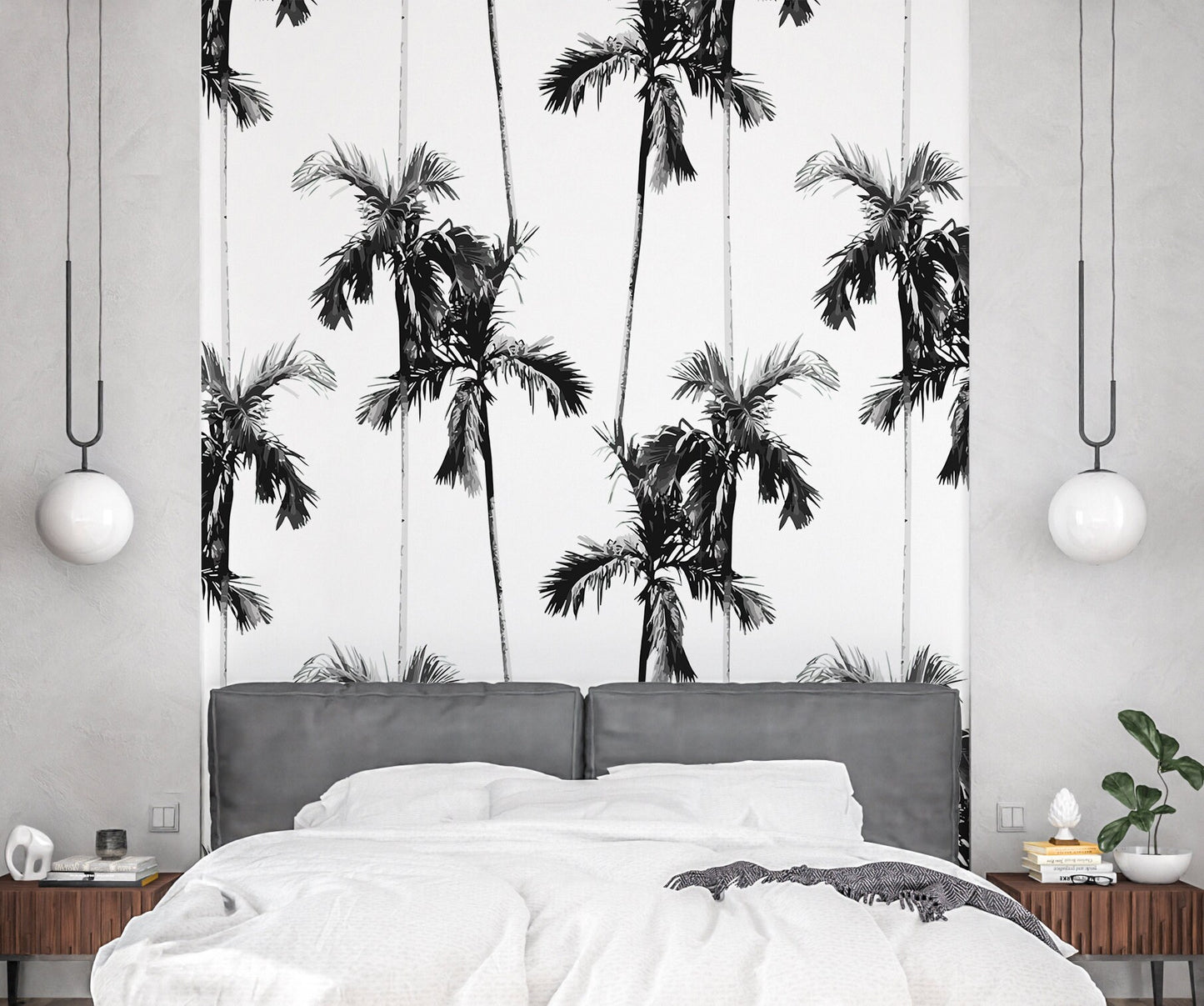 Black and White Palm Wallpaper Peel and Stick, Retro Tropical Removable Wall Paper