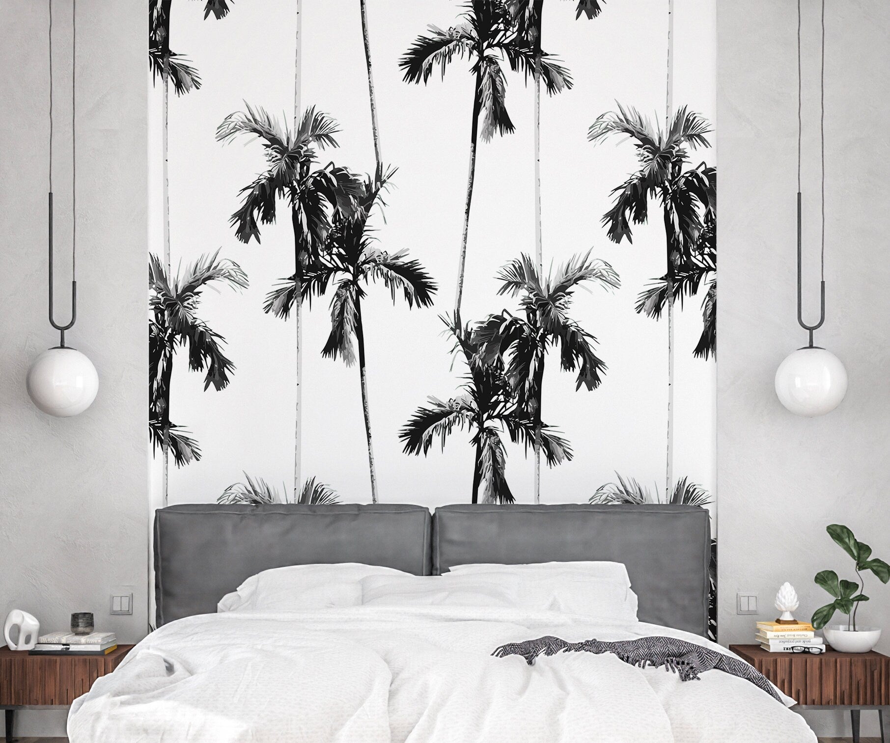 Black and White Palm Wallpaper Peel and Stick, Retro Tropical Removable Wall Paper