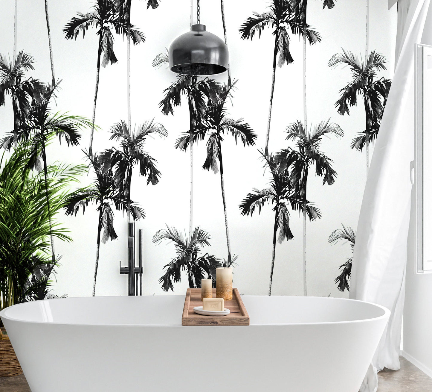 Black and White Palm Wallpaper Peel and Stick, Retro Tropical Removable Wall Paper