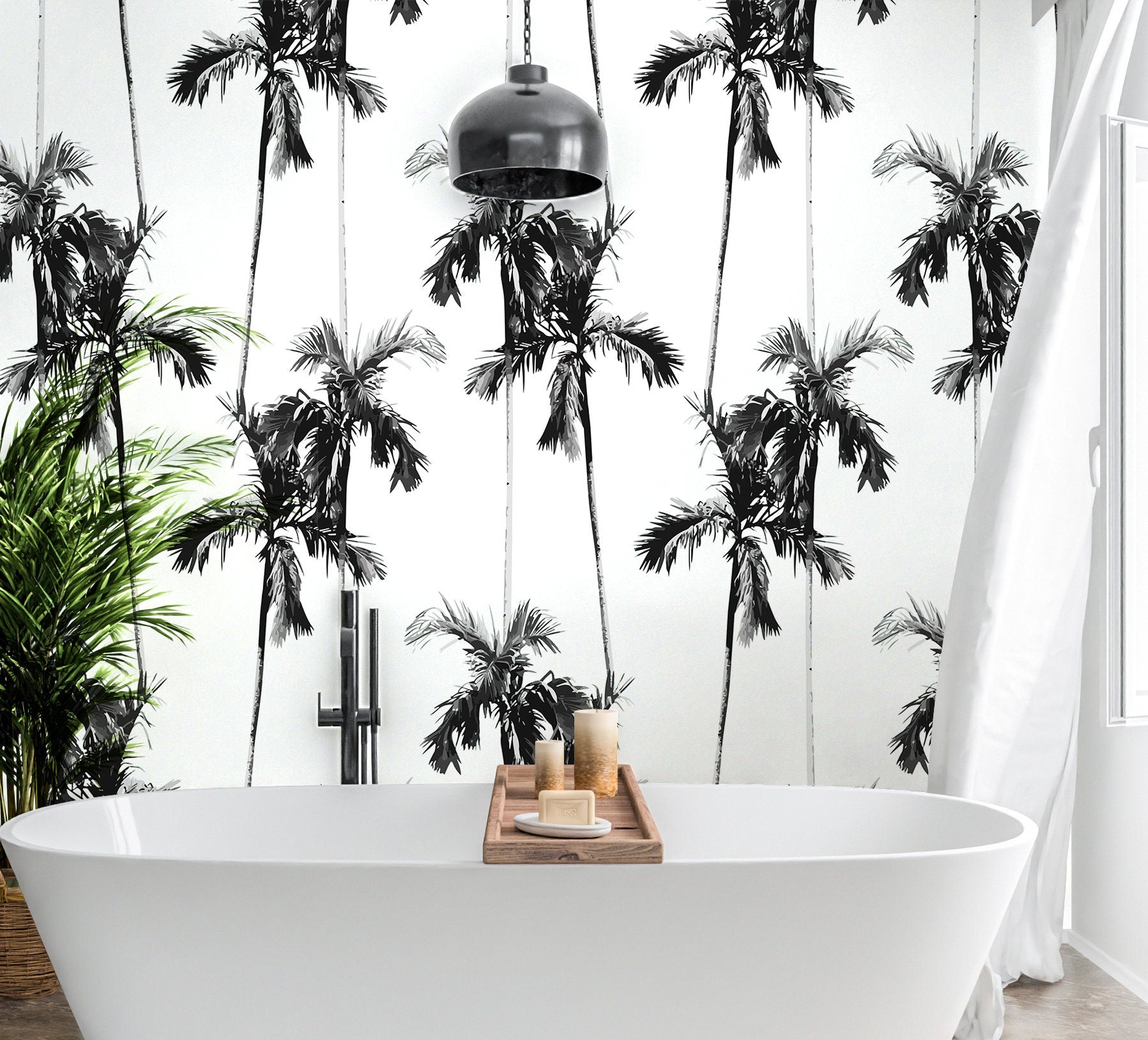 Black and White Palm Wallpaper Peel and Stick, Retro Tropical Removable Wall Paper