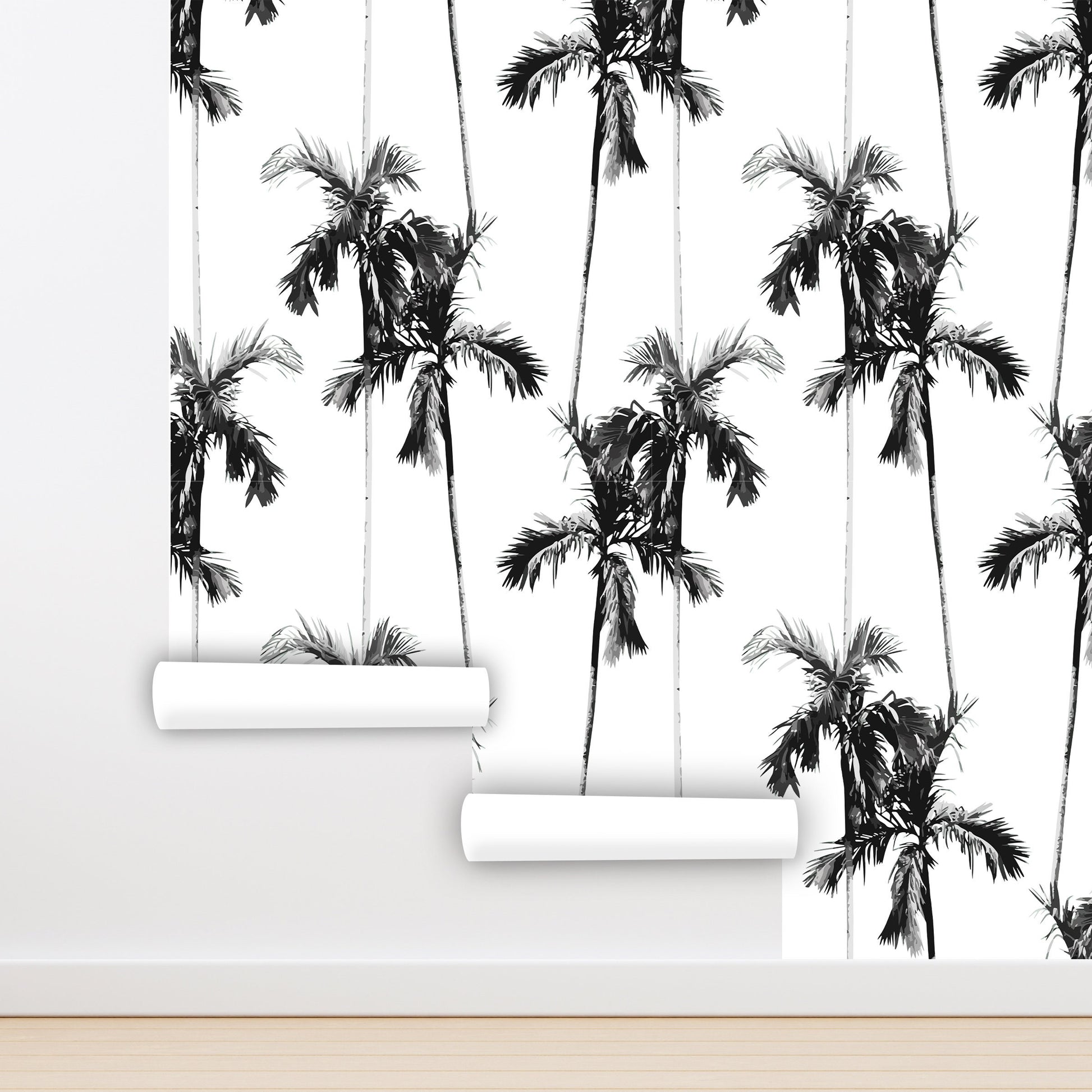 Black and White Palm Wallpaper Peel and Stick, Retro Tropical Removable Wall Paper