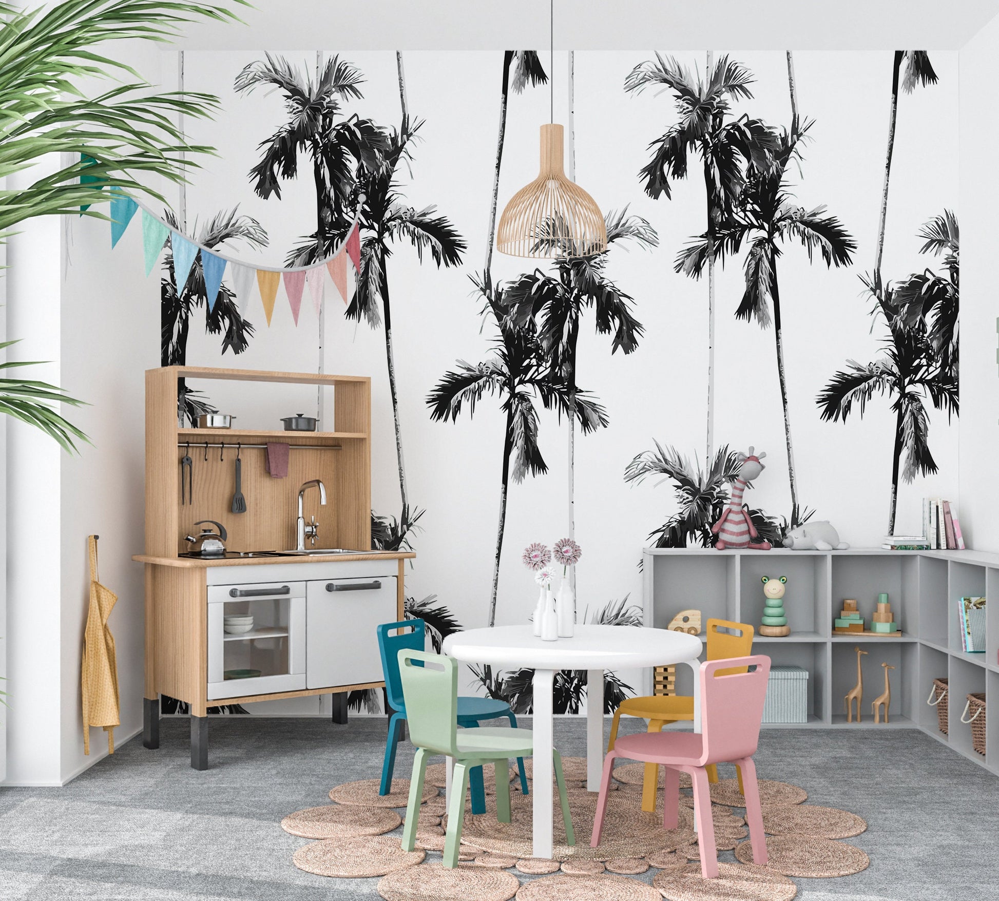Black and White Palm Wallpaper Peel and Stick, Retro Tropical Removable Wall Paper