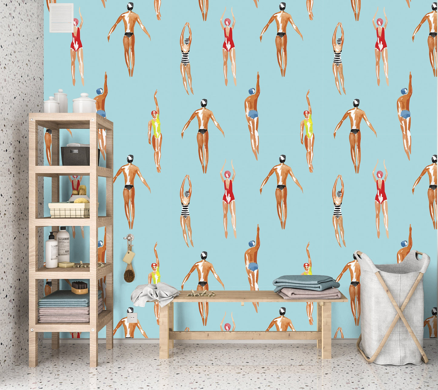 Swimmer Wallpaper Peel and Stick, Retro Sports Removable Wall Paper