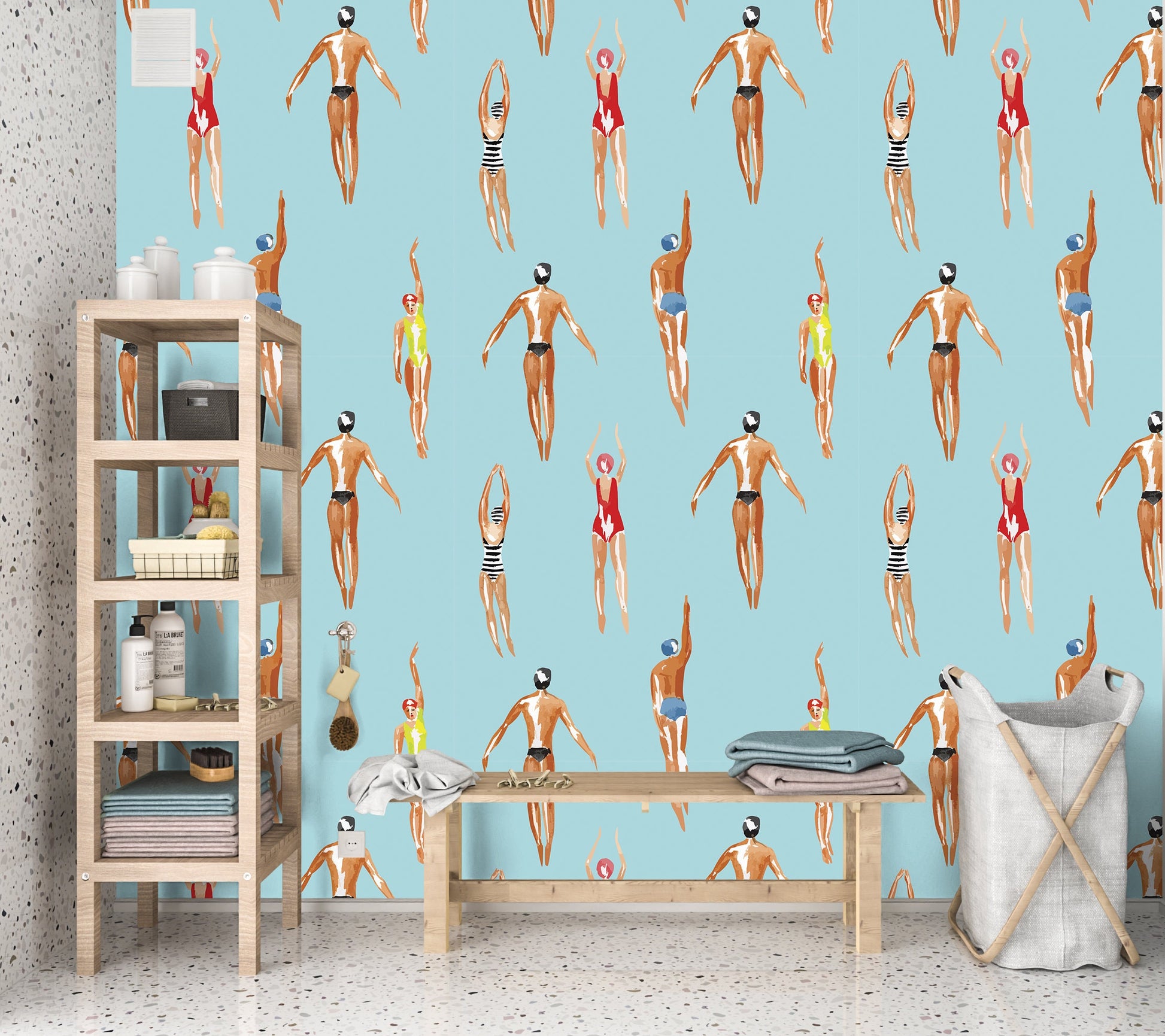Swimmer Wallpaper Peel and Stick, Retro Sports Removable Wall Paper