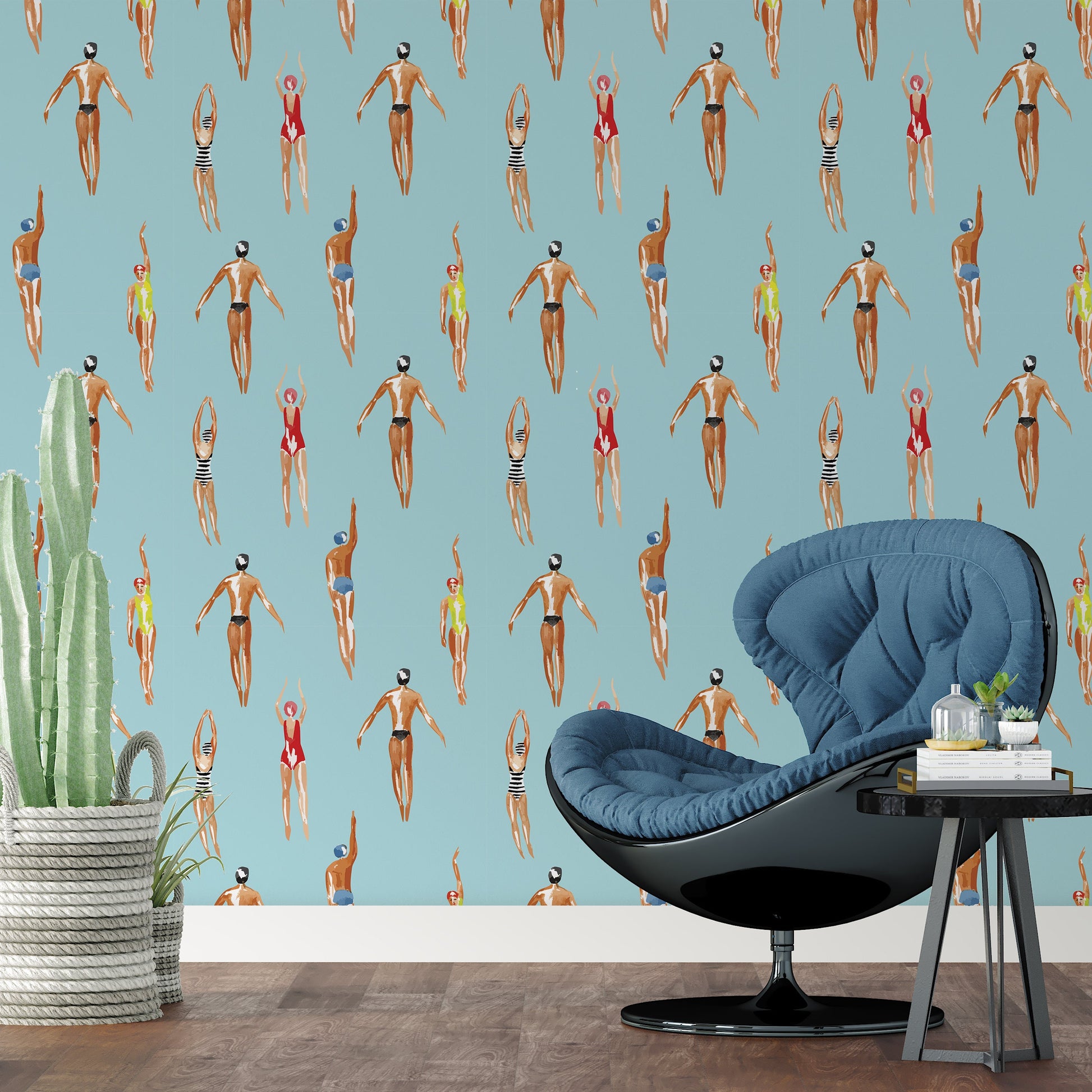 Swimmer Wallpaper Peel and Stick, Retro Sports Removable Wall Paper
