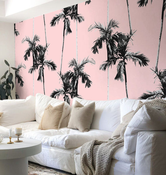 Pink Palm Wallpaper Peel and Stick, Cute Retro Tropical Wall Paper and white sofa