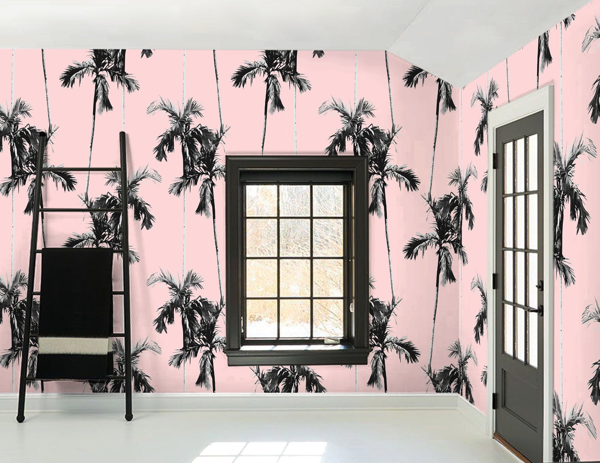 Pink Palm Wallpaper Peel and Stick, Cute Retro Tropical Wall Paper entryway