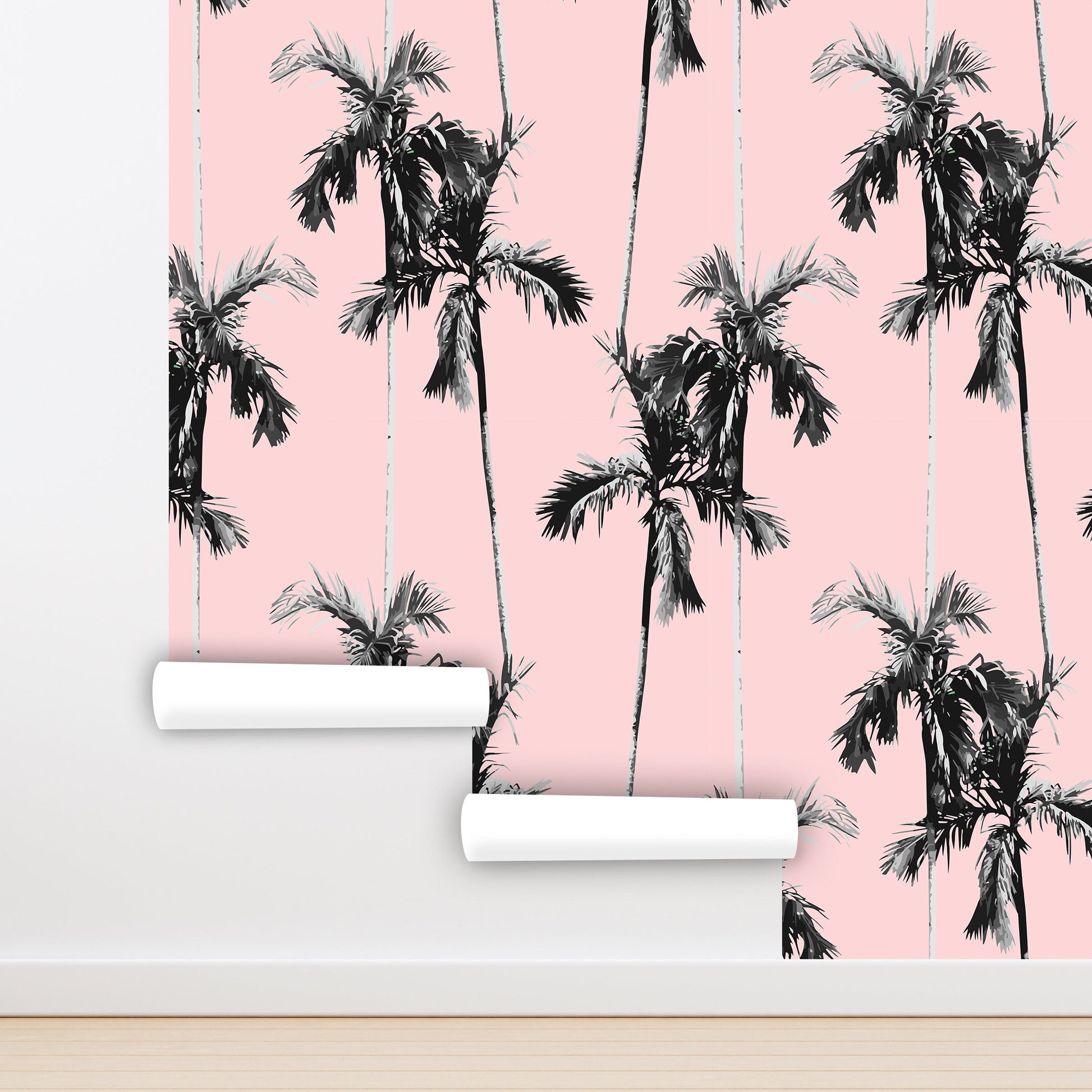 Pink Palm Wallpaper Peel and Stick, Cute Retro Tropical Wall Paper