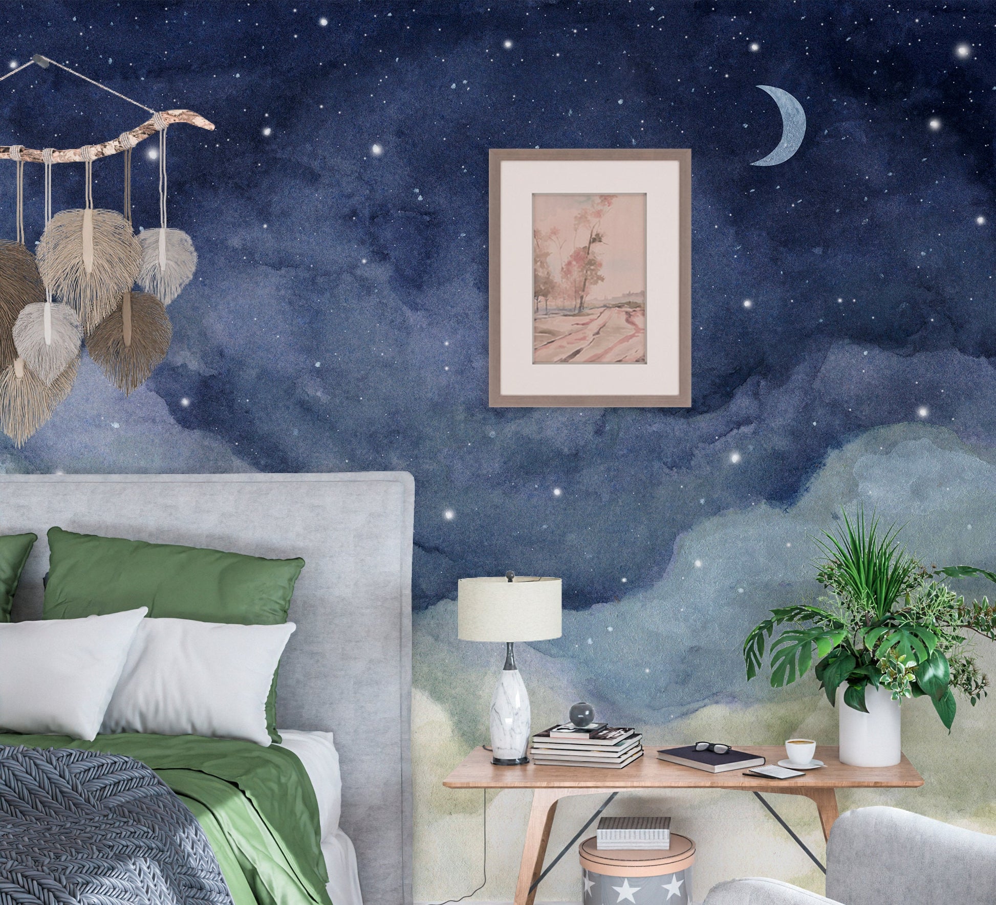 Night Sky Wallpaper Peel and Stick, Crescent Moon Removable Wall Paper in bedroom