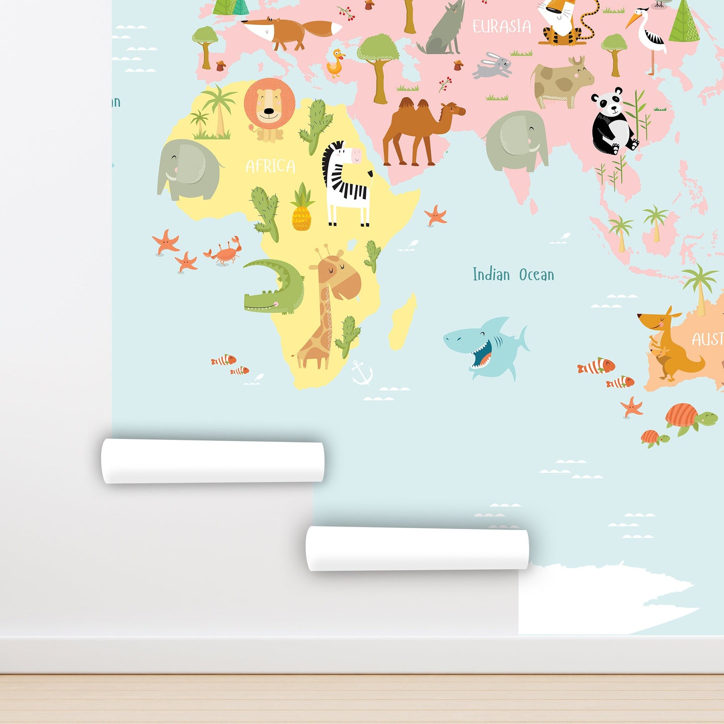 Kids Map Wallpaper Peel and Stick, Animal World Removable Wall Paper