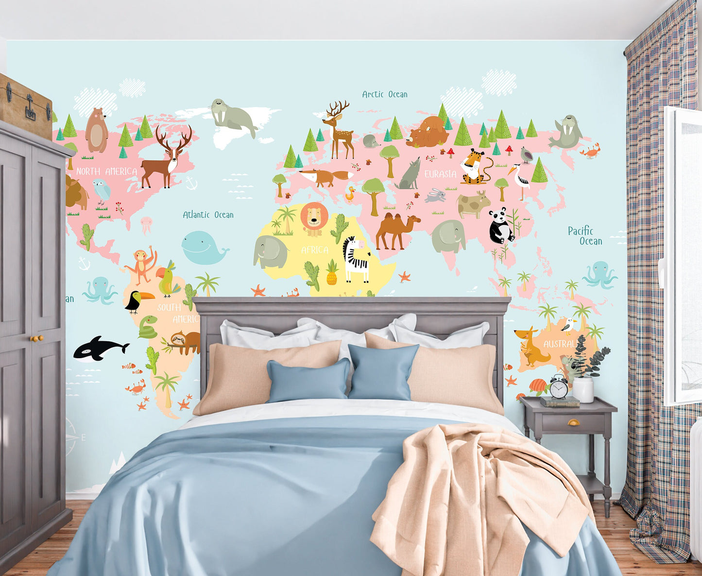Kids Map Wallpaper Peel and Stick, Animal World Removable Wall Paper in bedroom
