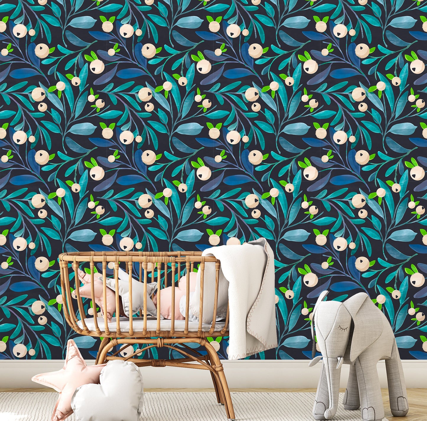 Dark Botanical Wallpaper Peel and Stick, White Berry Removable Wall Paper