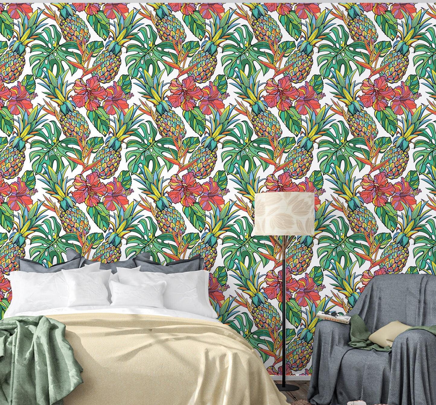 Pineapple Wallpaper Peel and Stick, Colorful Tropical Removable Wall Paper