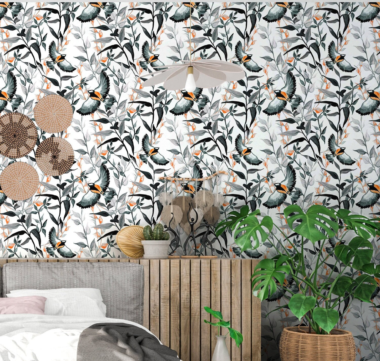 Bird Wallpaper Peel and Stick, Black and White Nature Removable Wall Paper