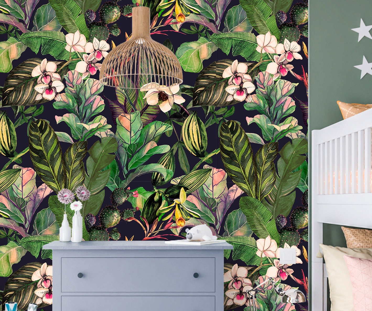 Whimsical Wallpaper Peel and Stick, Tropical Orchid Removable Wall Paper