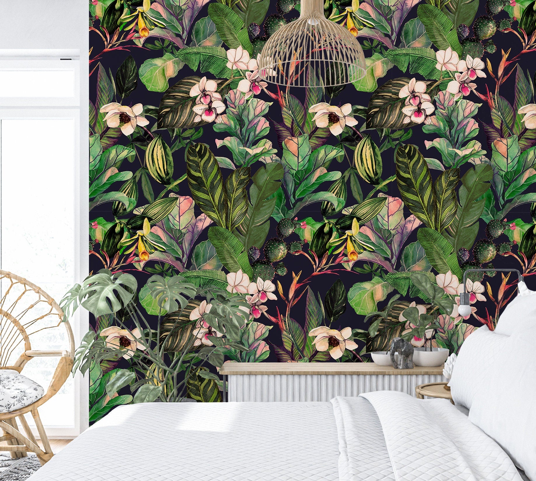 Whimsical Wallpaper Peel and Stick, Tropical Orchid Removable Wall Paper