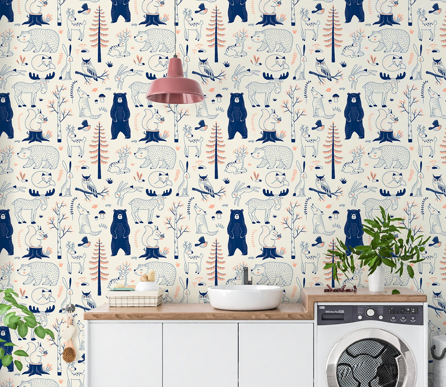 Scandi Animals Wallpaper Peel and Stick, Beige Forest Removable Wall Paper