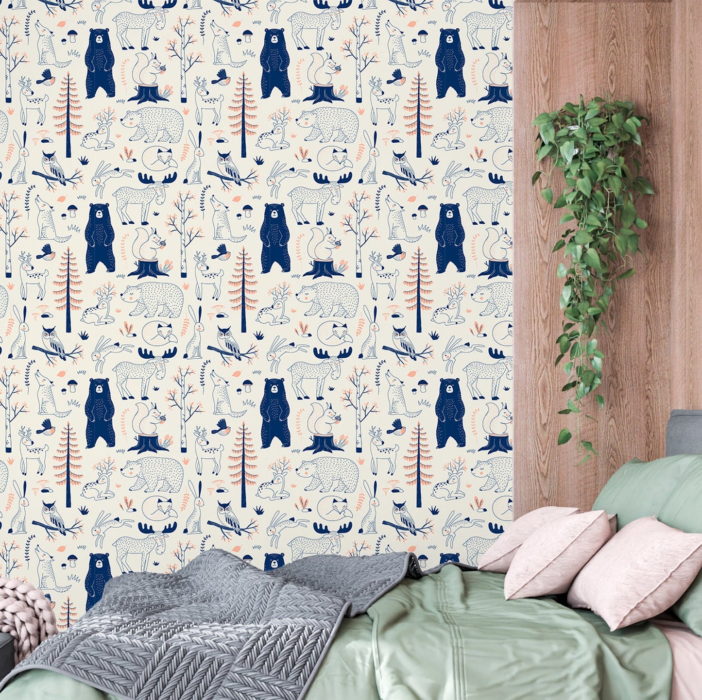 Scandi Animals Wallpaper Peel and Stick, Beige Forest Removable Wall Paper