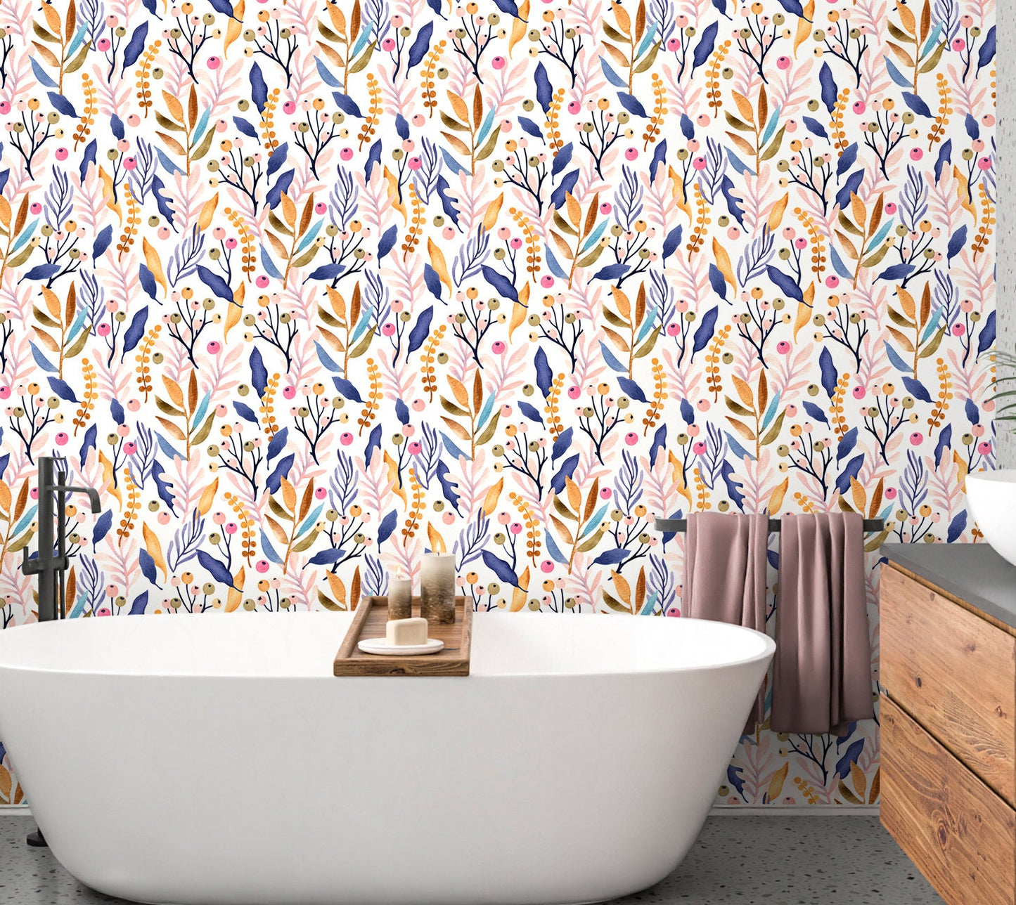 Botanical Wallpaper Peel and Stick, Watercolor Foliage Removable Wall Paper