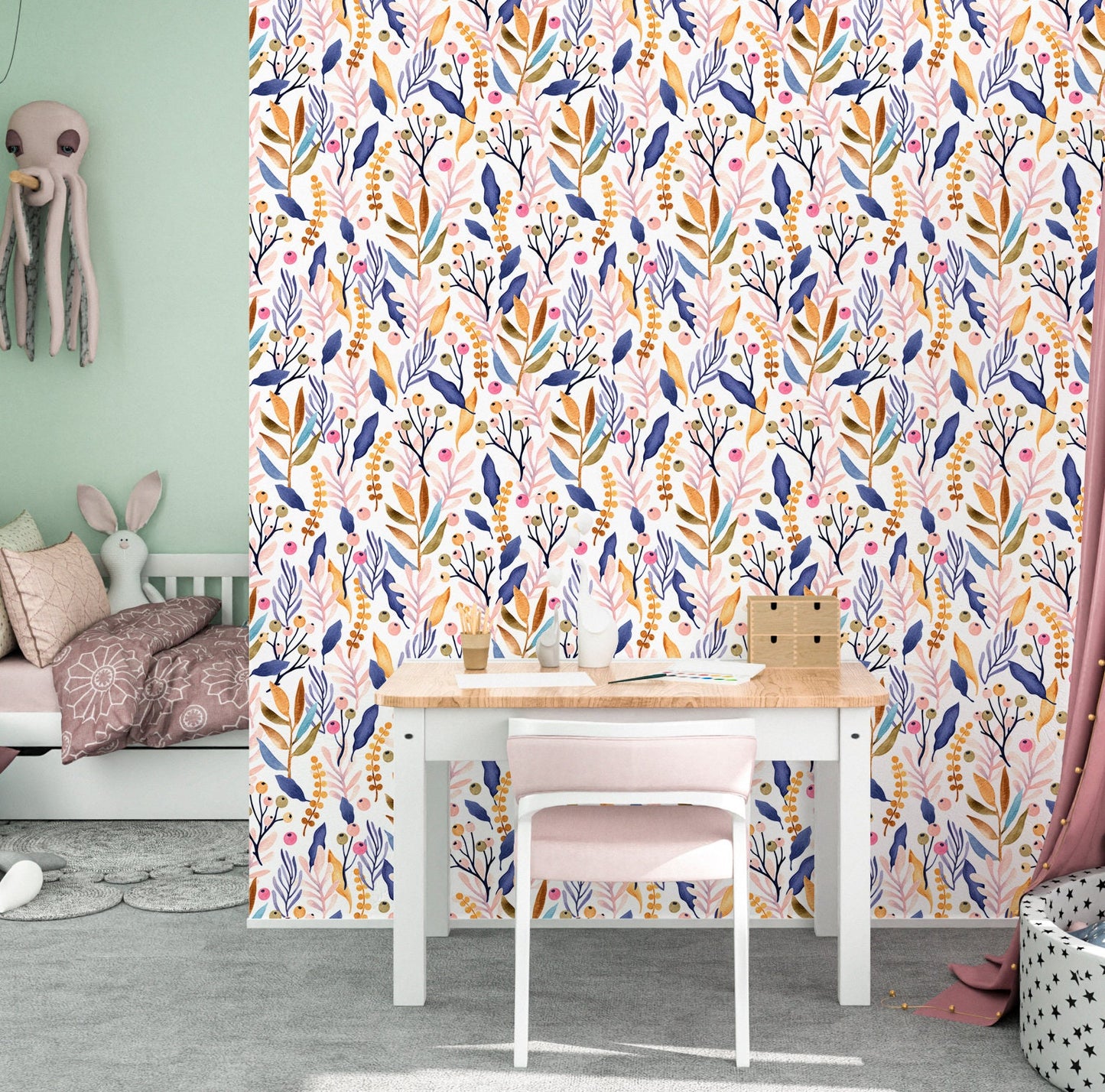 Botanical Wallpaper Peel and Stick, Watercolor Foliage Removable Wall Paper