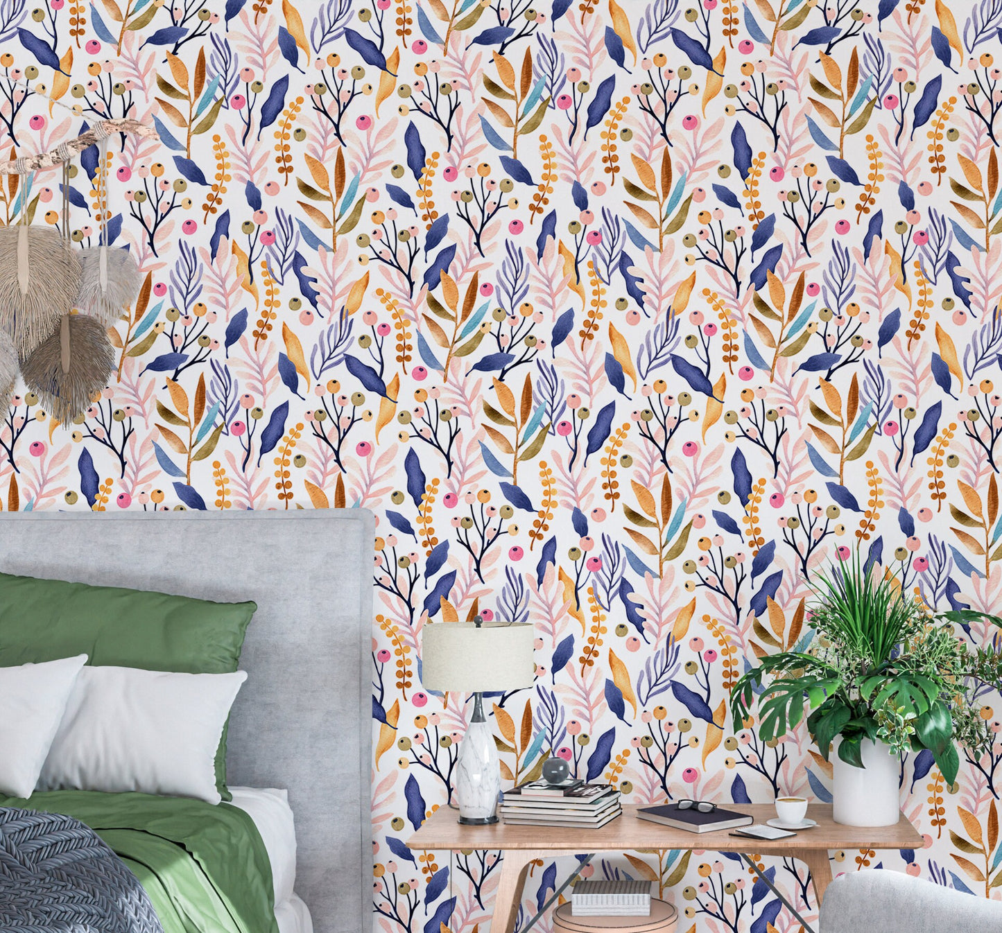 Botanical Wallpaper Peel and Stick, Watercolor Foliage Removable Wall Paper