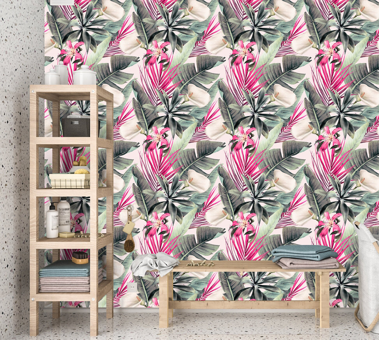 Pink Palm Leaves Wallpaper Peel and Stick, Tropical Flowers Removable Wall Paper