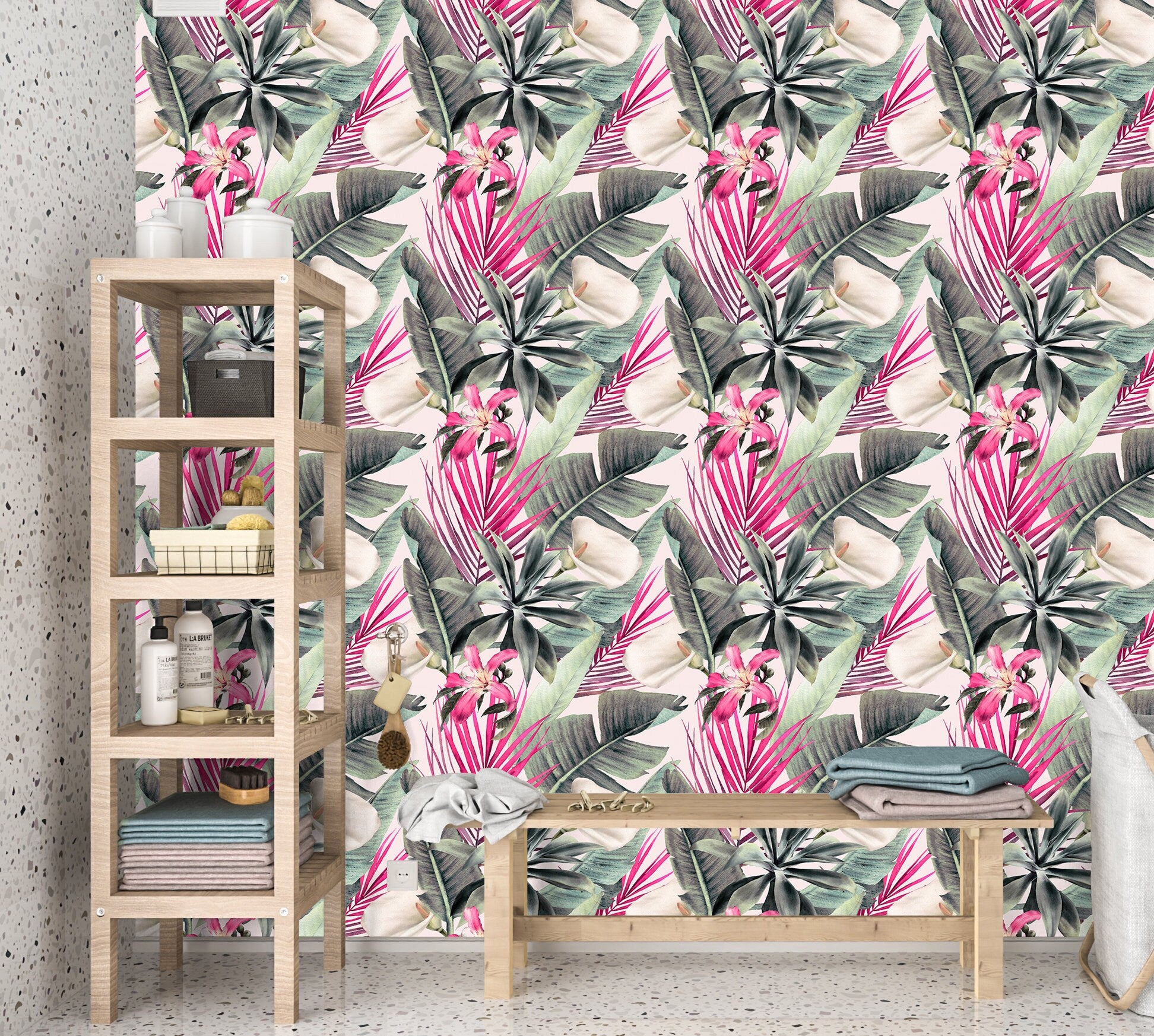 Pink Palm Leaves Wallpaper Peel and Stick, Tropical Flowers Removable Wall Paper