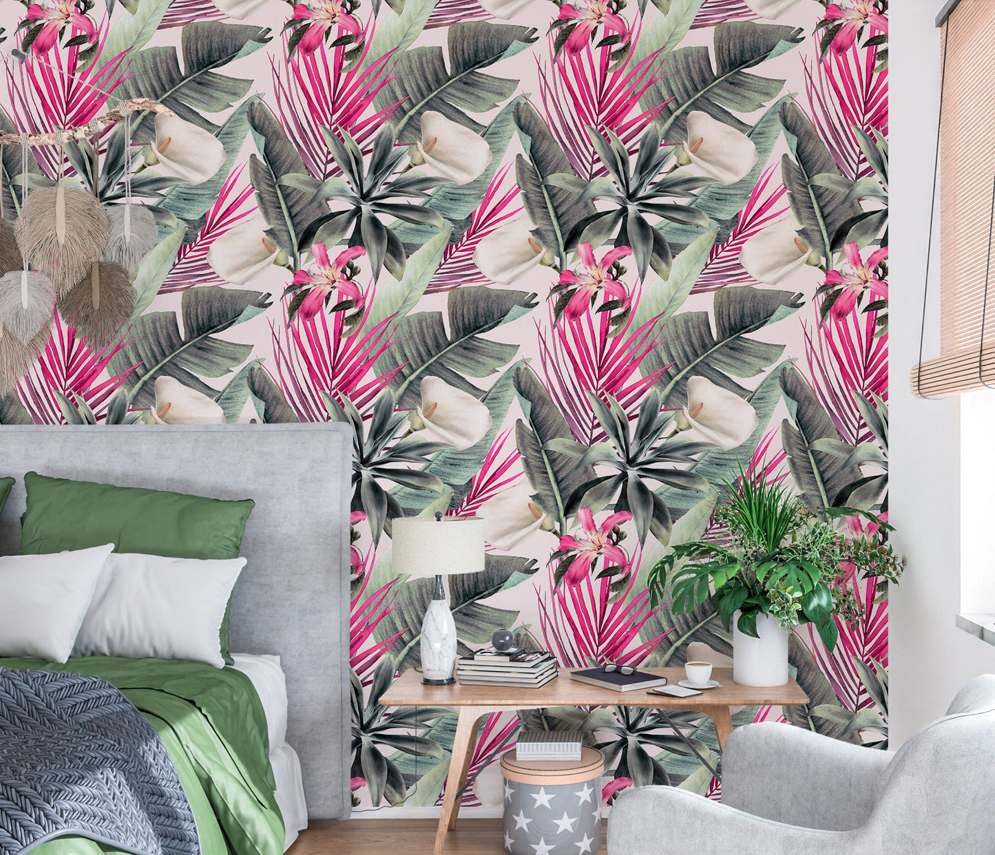 Pink Palm Leaves Wallpaper Peel and Stick, Tropical Flowers Removable Wall Paper