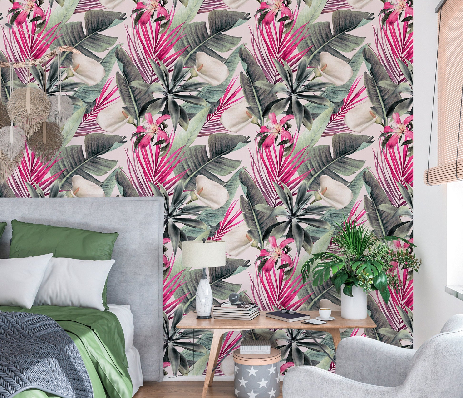 Pink Palm Leaves Wallpaper Peel and Stick, Tropical Flowers Removable Wall Paper