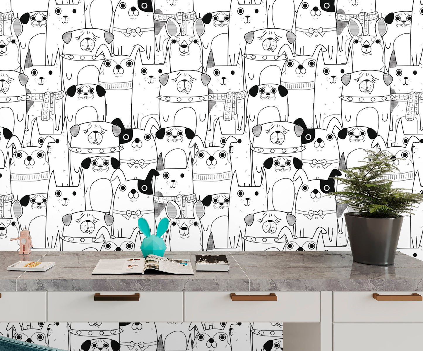Dogs Wallpaper Peel and Stick, Cute Pet Black and White Wall Paper