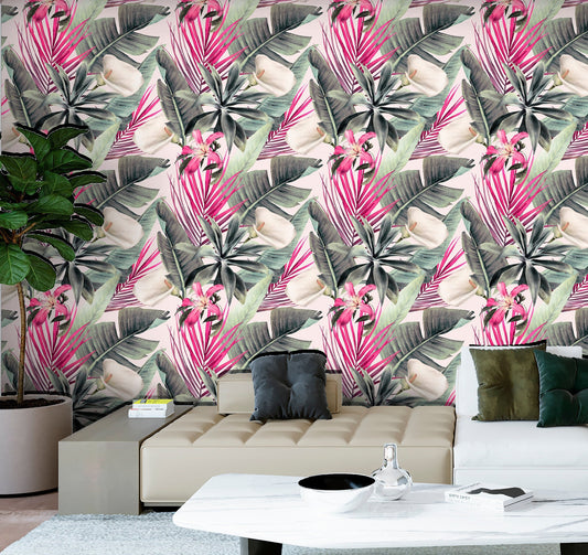 Pink Palm Leaves Wallpaper Peel and Stick, Tropical Flowers Removable Wall Paper