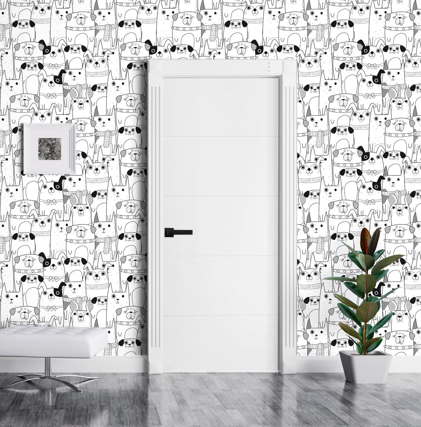 Dogs Wallpaper Peel and Stick, Cute Pet Black and White Wall Paper