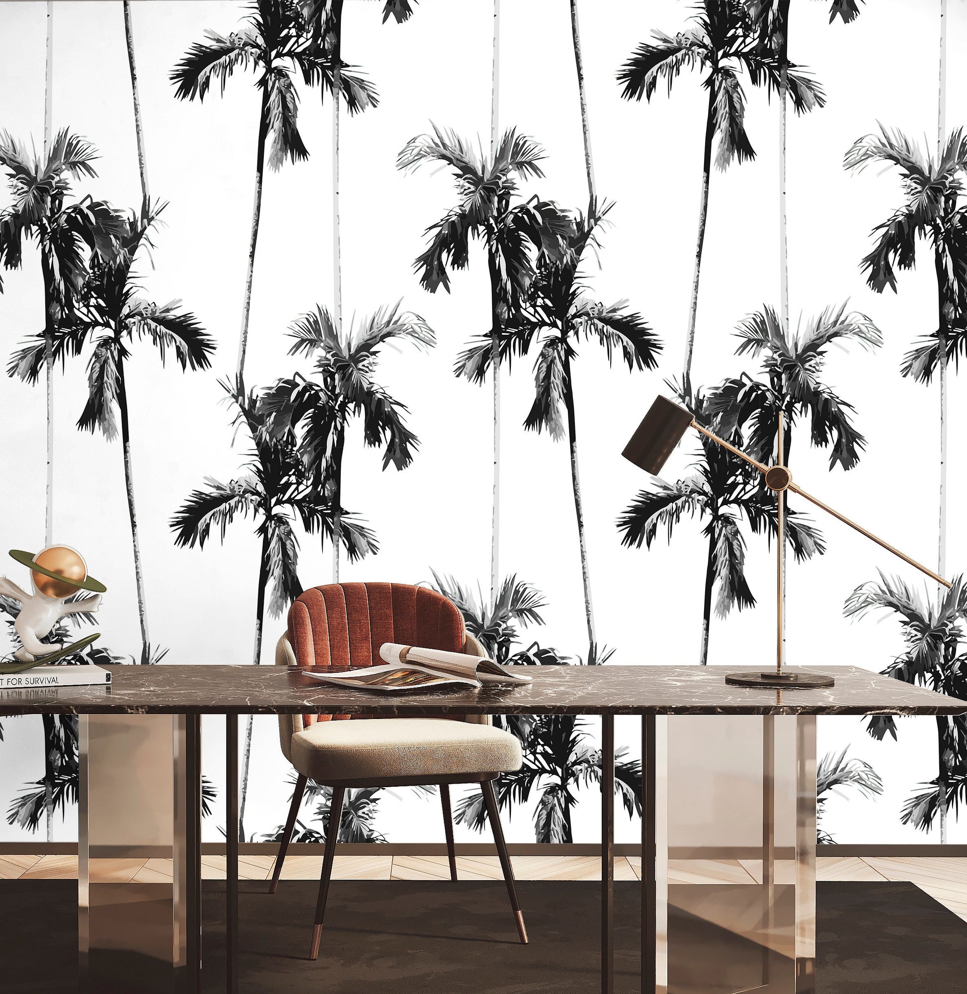 Black and White Palm Wallpaper Peel and Stick, Retro Tropical Removable Wall Paper