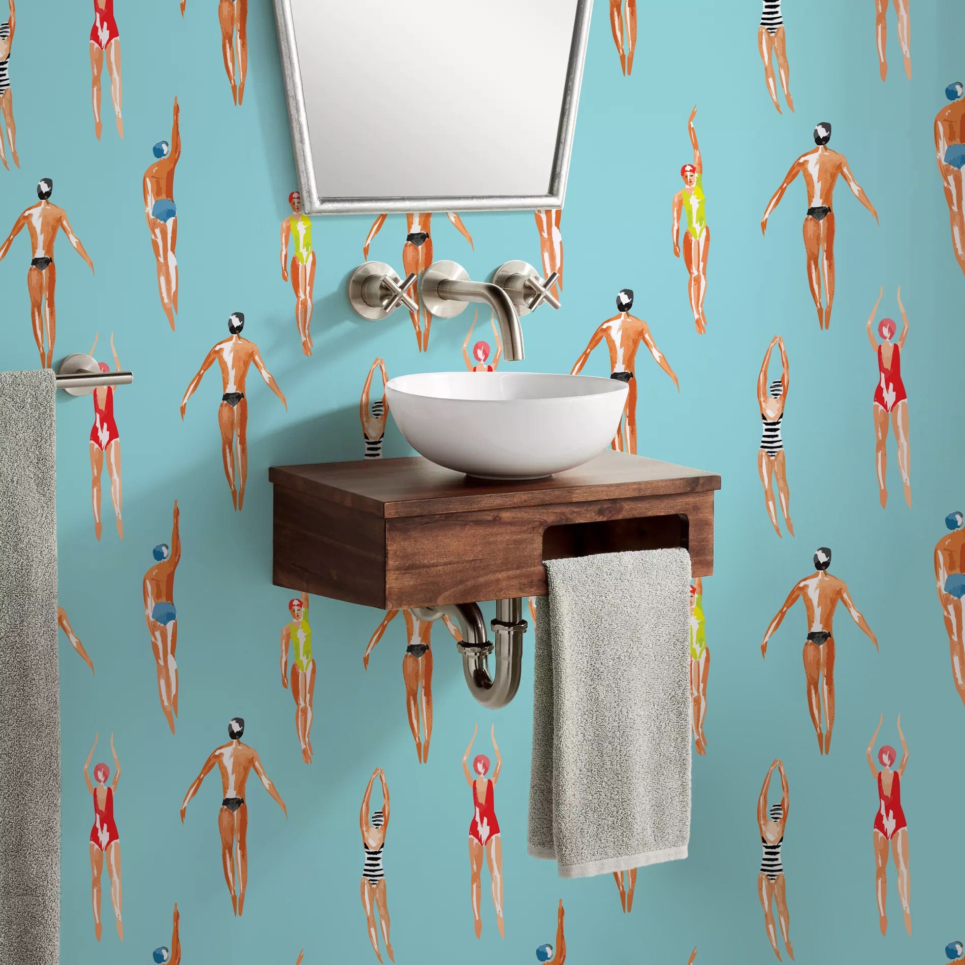 Swimmer Wallpaper Peel and Stick, Retro Sports Removable Wall Paper