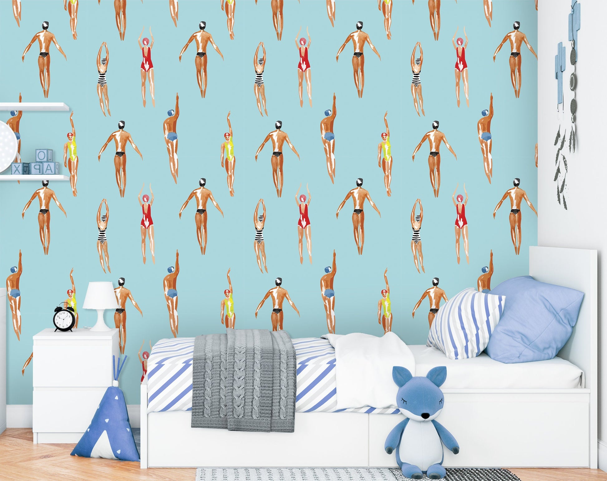 Swimmer Wallpaper Peel and Stick, Retro Sports Removable Wall Paper