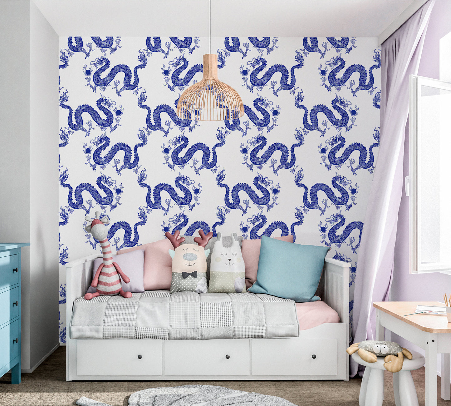 Chinoiserie Wallpaper Peel and Stick, Blue Dragon Removable Wall Paper