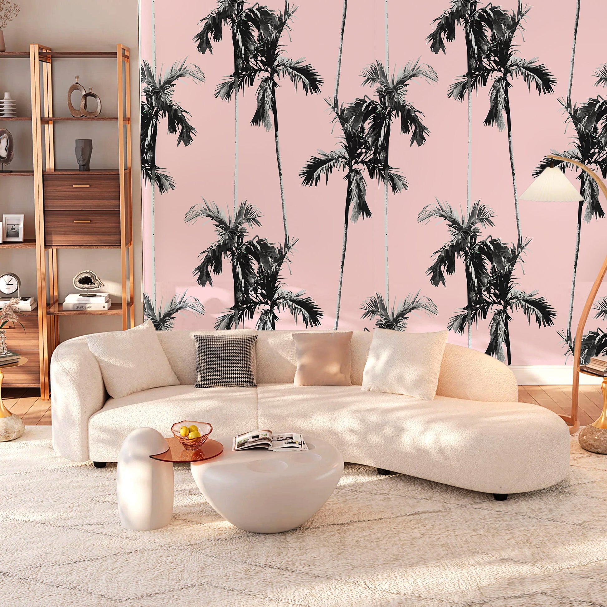 Pink Palm Wallpaper Peel and Stick, Cute Retro Tropical Wall Paper in the living room