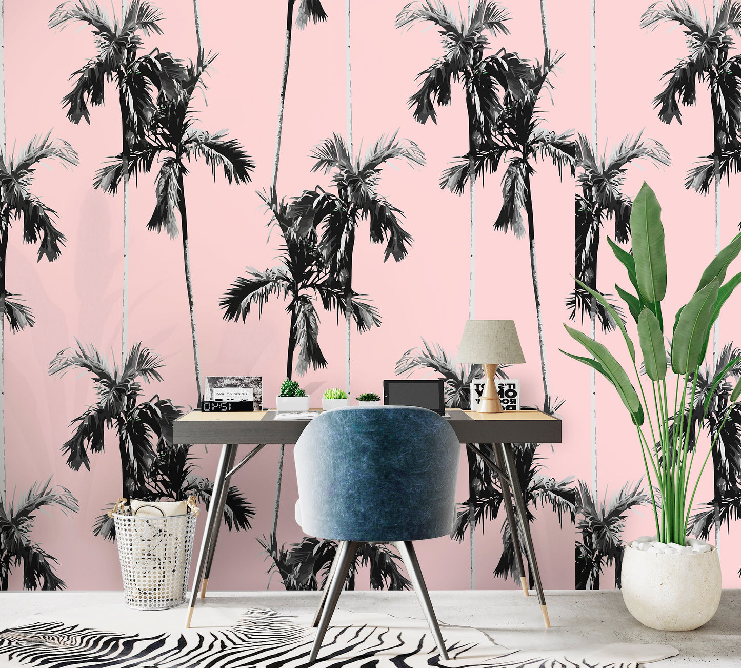 Pink Palm Wallpaper Peel and Stick, Cute Retro Tropical Wall Paper Home office