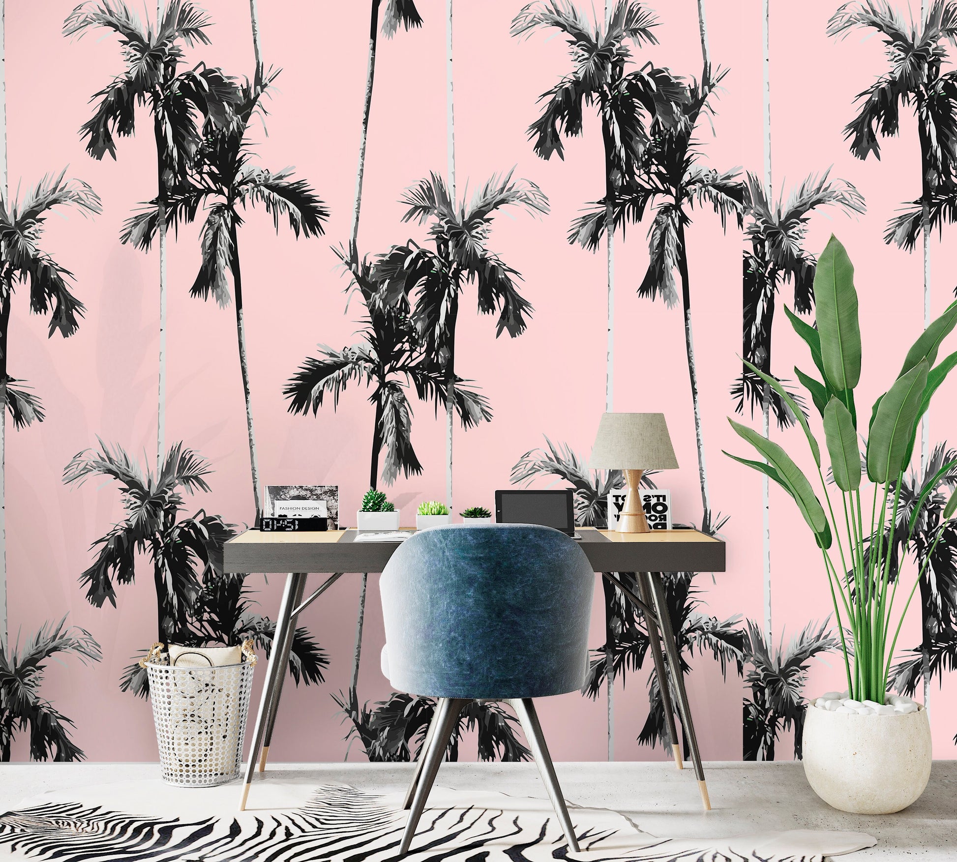Pink Palm Wallpaper Peel and Stick, Cute Retro Tropical Wall Paper Home office