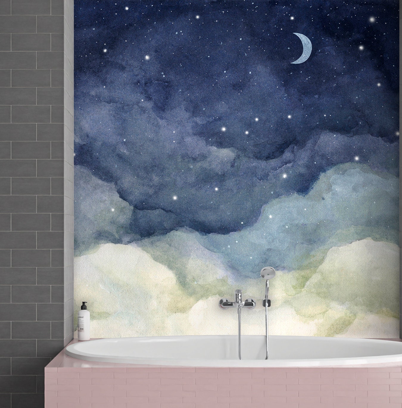 Night Sky Wallpaper Peel and Stick, Crescent Moon Removable Wall Paper in bathroom
