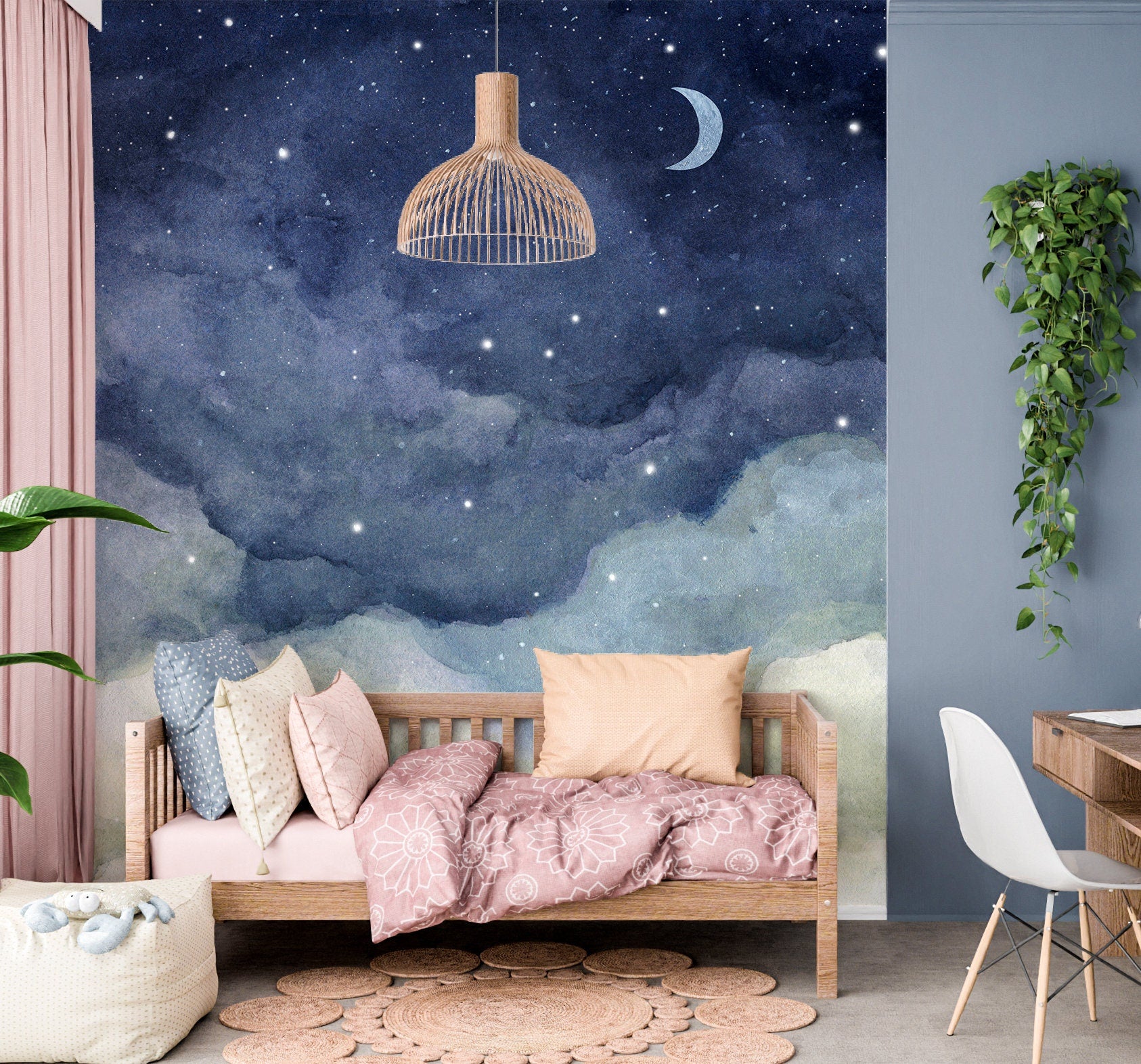 Night Sky Wallpaper Peel and Stick, Crescent Moon Removable Wall Paper in kids room