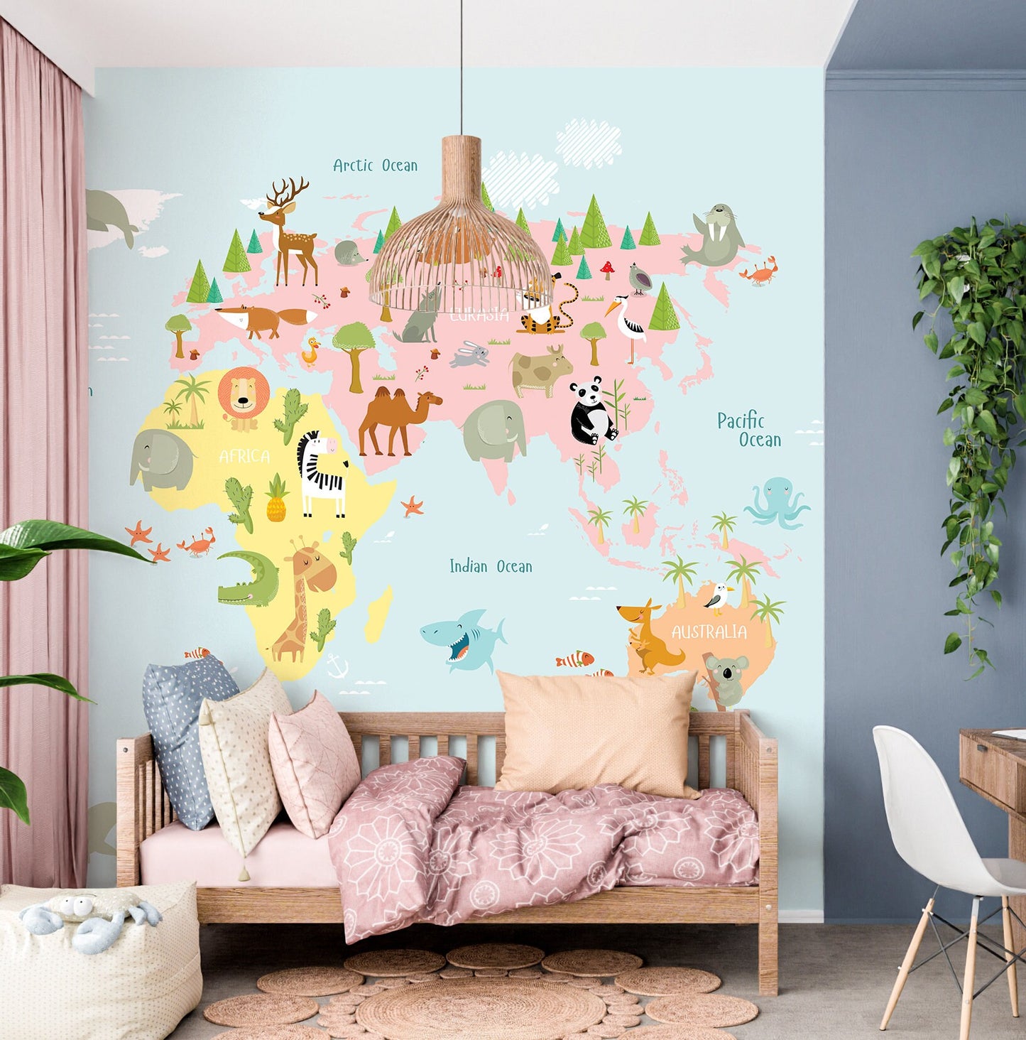 Kids Map Wallpaper Peel and Stick, Animal World Removable Wall Paper in girls room