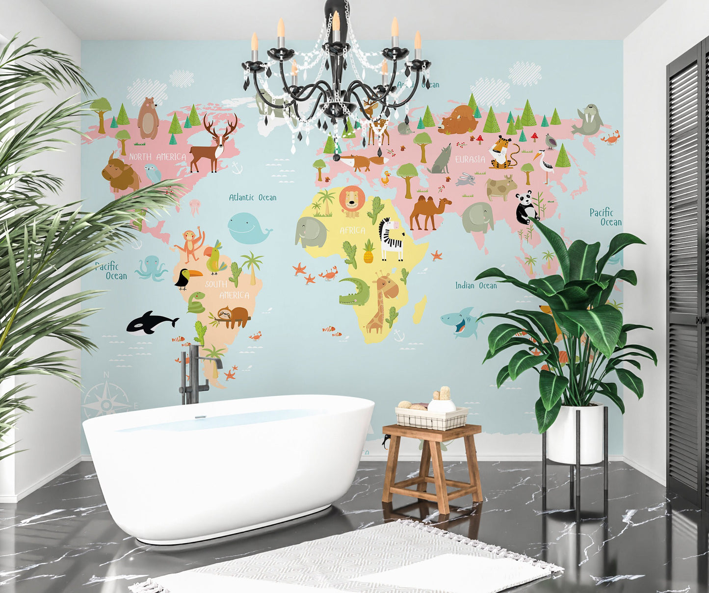 Kids Map Wallpaper Peel and Stick, Animal World Removable Wall Paper in bathroom