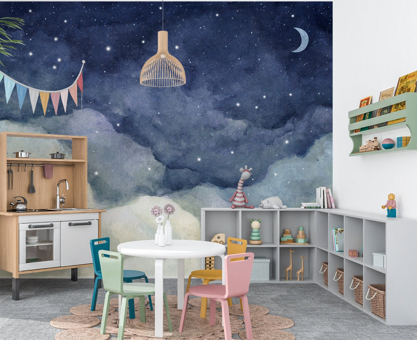 Night Sky Wallpaper Peel and Stick, Crescent Moon Removable Wall Paper in nursery