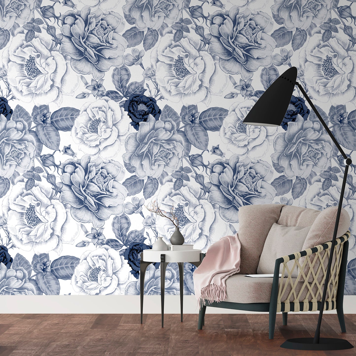 Blue Floral Wallpaper Peel and Stick, Vintage Rose Removable Wall Paper