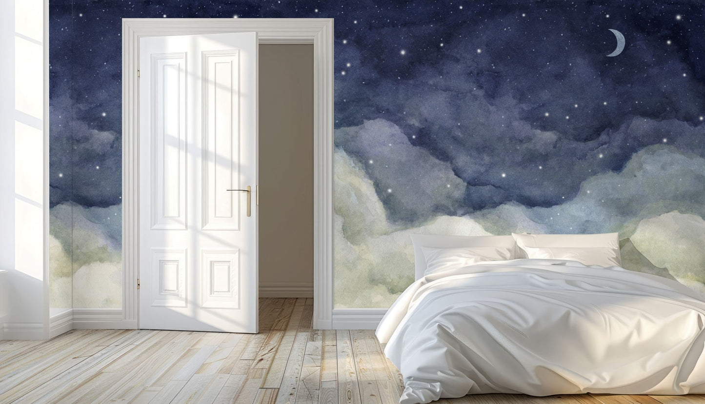 Night Sky Wallpaper Peel and Stick, Crescent Moon Removable Wall Paper