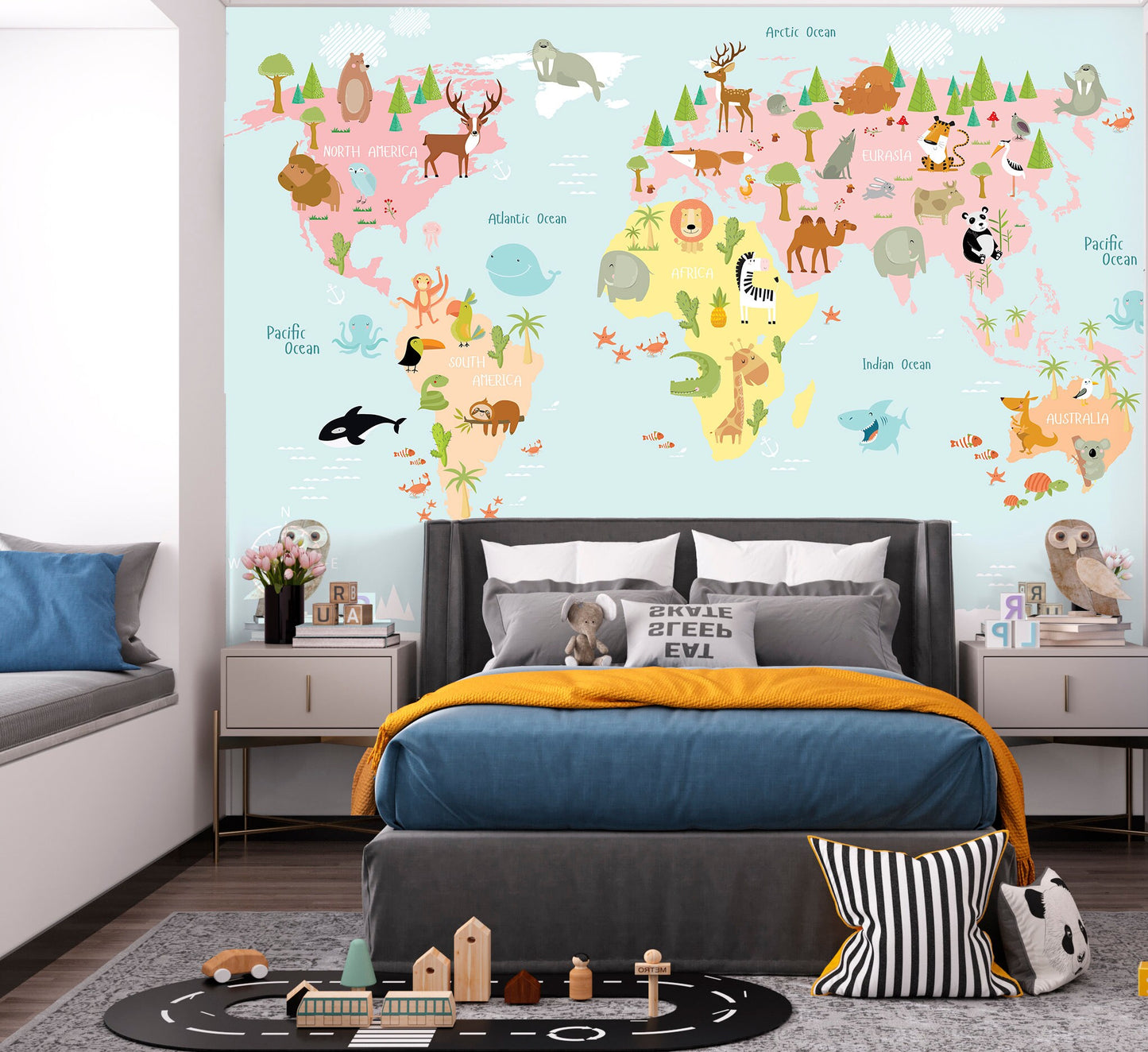 Kids Map Wallpaper Peel and Stick, Animal World Removable Wall Paper in boys room