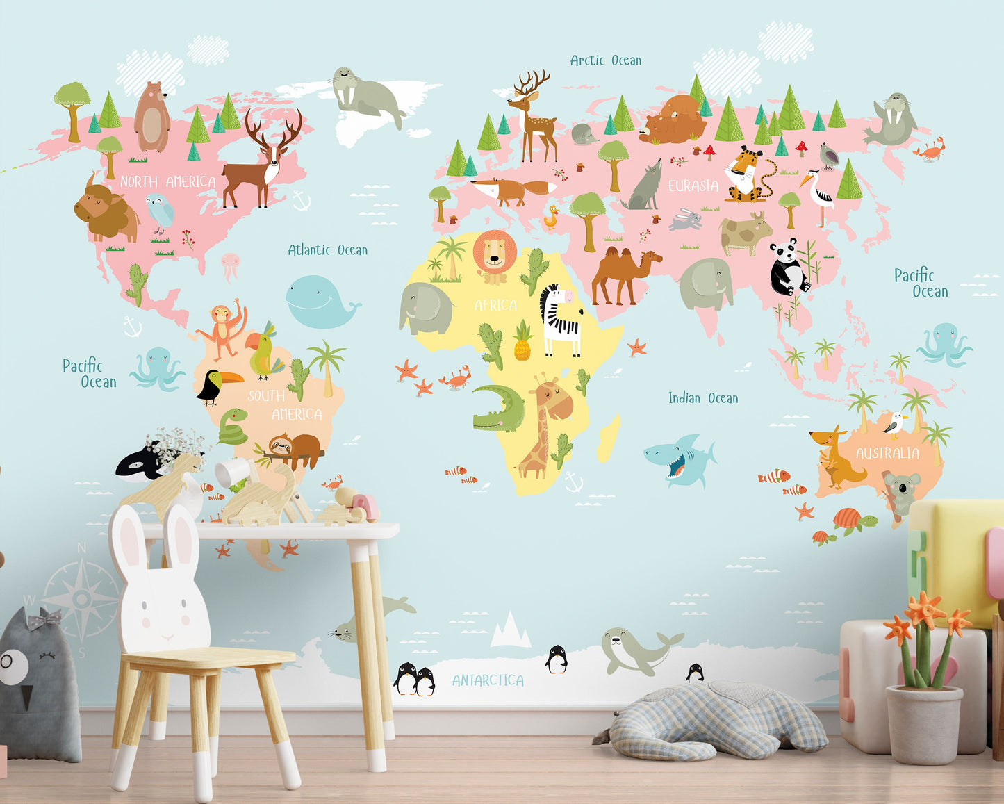 Kids Map Wallpaper Peel and Stick, Animal World Removable Wall Paper in kids room
