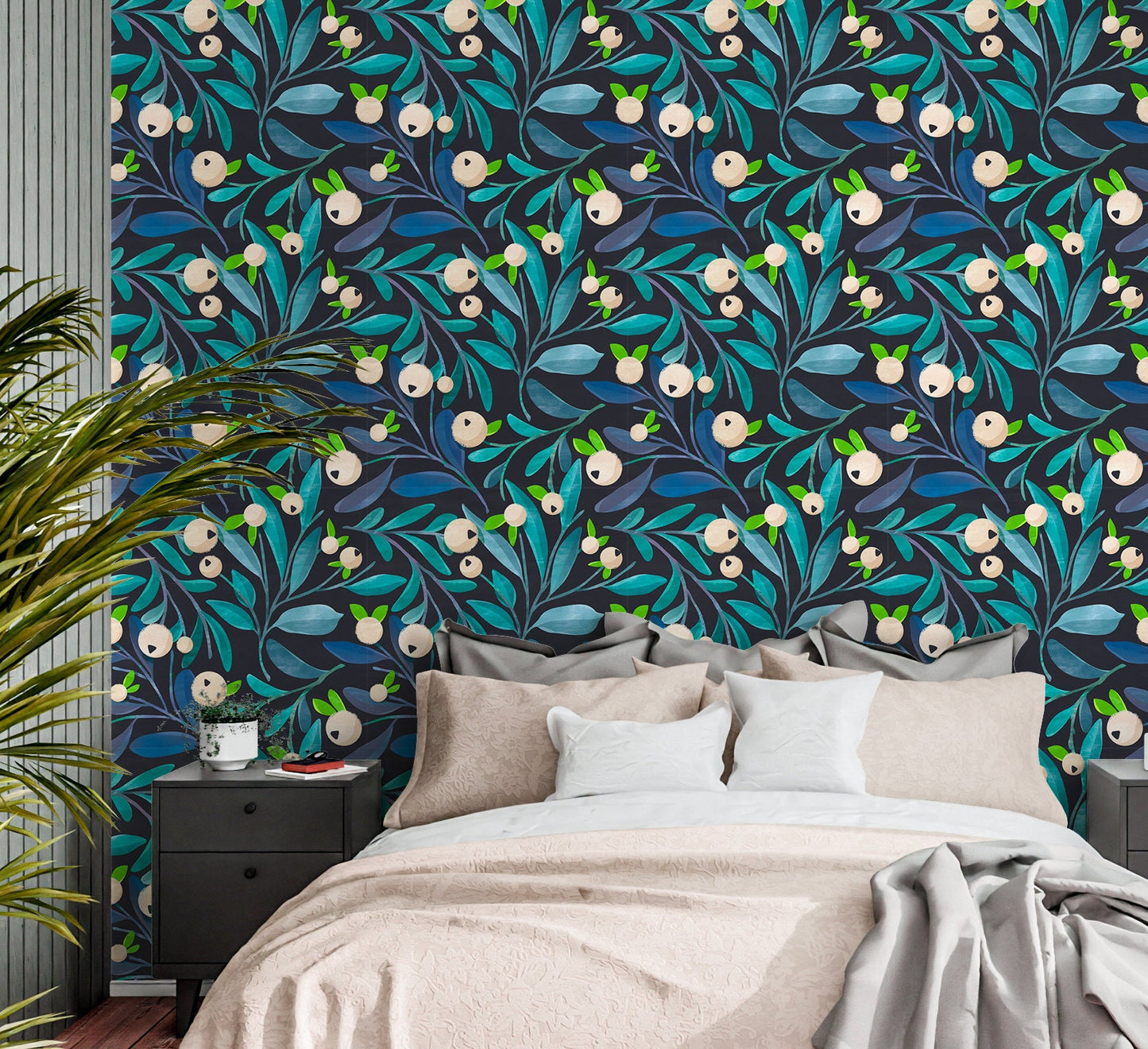 Dark Botanical Wallpaper Peel and Stick, White Berry Removable Wall Paper
