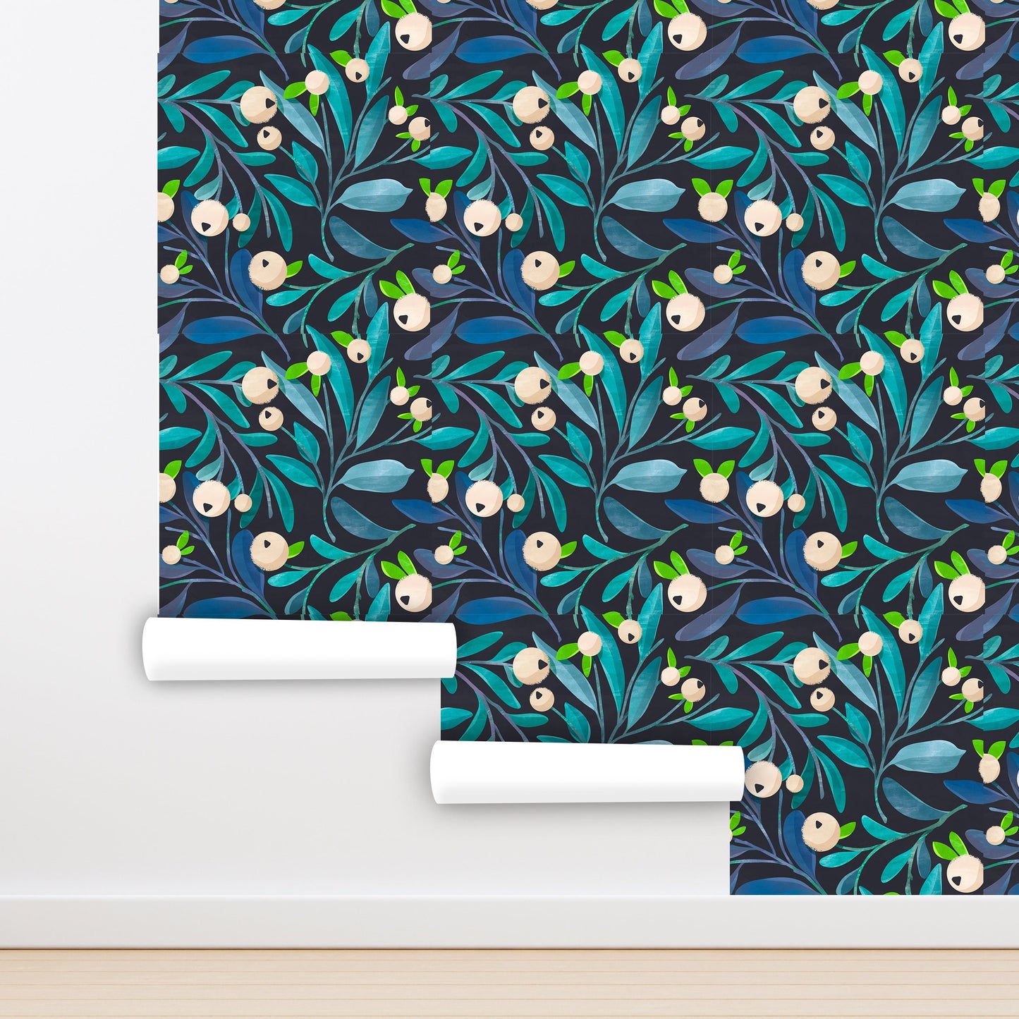 Dark Botanical Wallpaper Peel and Stick, White Berry Removable Wall Paper
